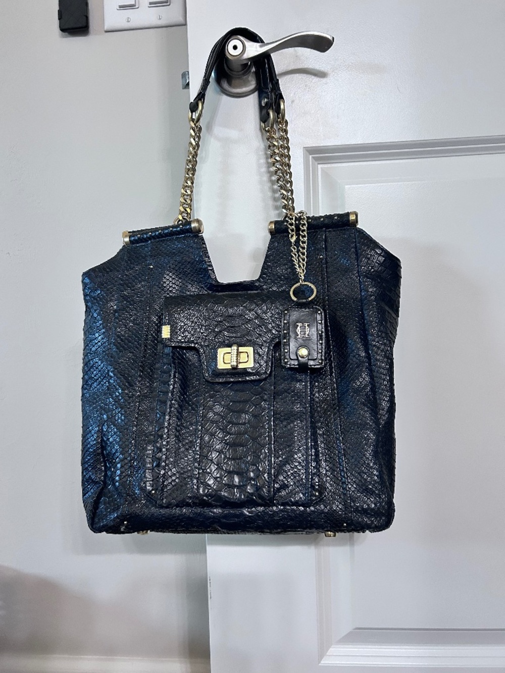Olivia Harris Square Shoulder bag with front Pocket-Handbag Navy Python textured